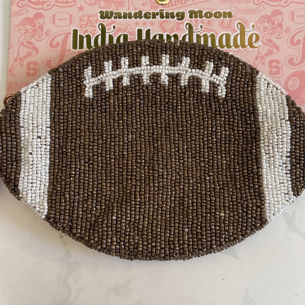New Glass Beaded Handmade in India Brown Pink Football Shaped Zip Up Pouch Small - Picture 2 of 6